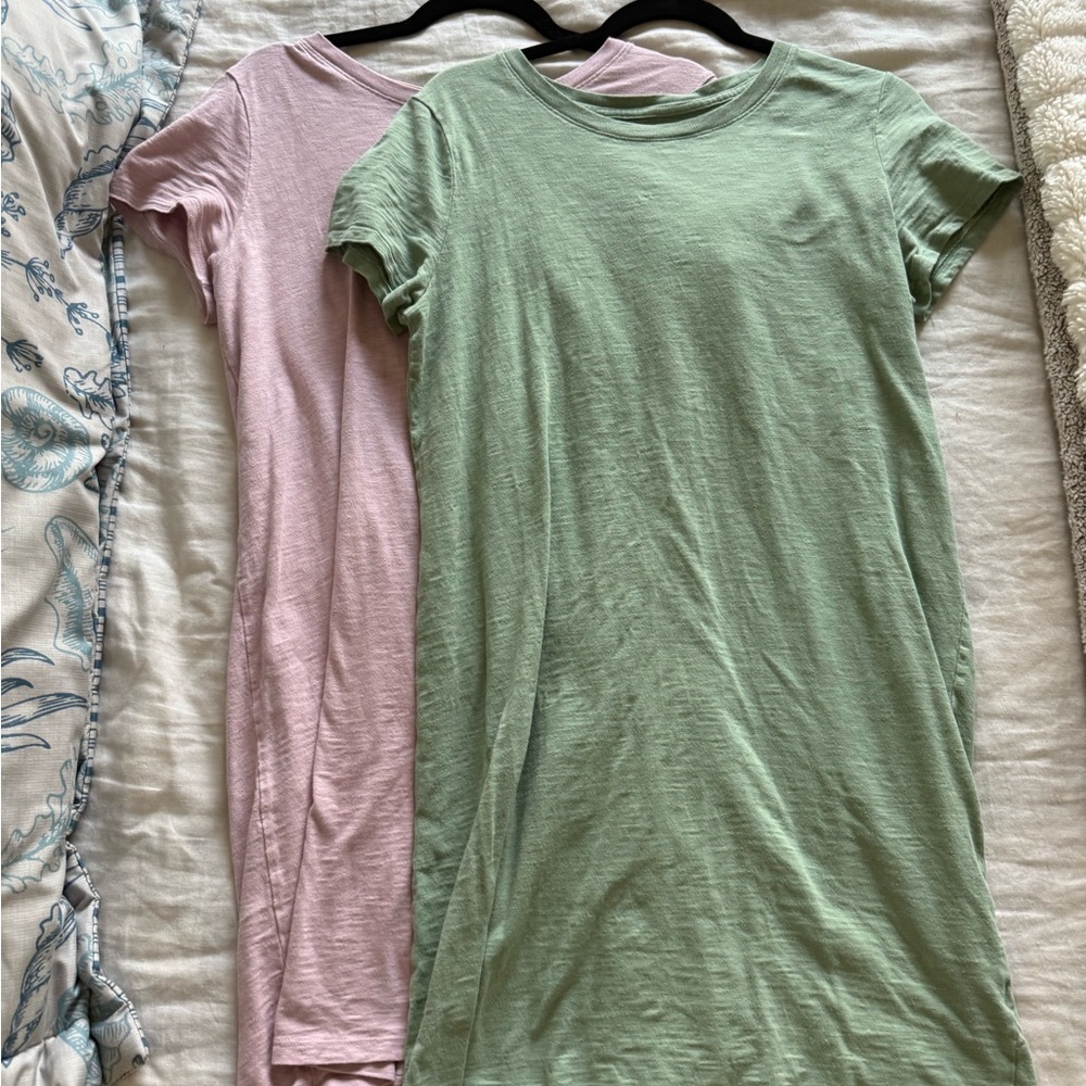 Pink and Green Casual T-Shirt Dresses